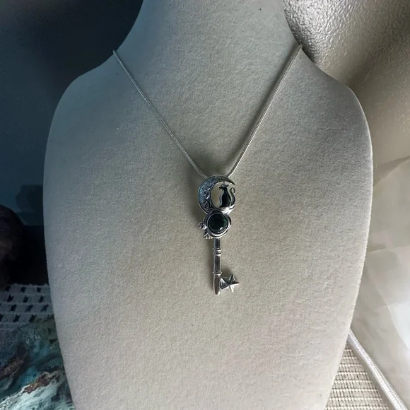 Silver 925 Cat and Moon Key Shape Pendant Necklace on Stainless Steel Chain - Picture 8 of 16